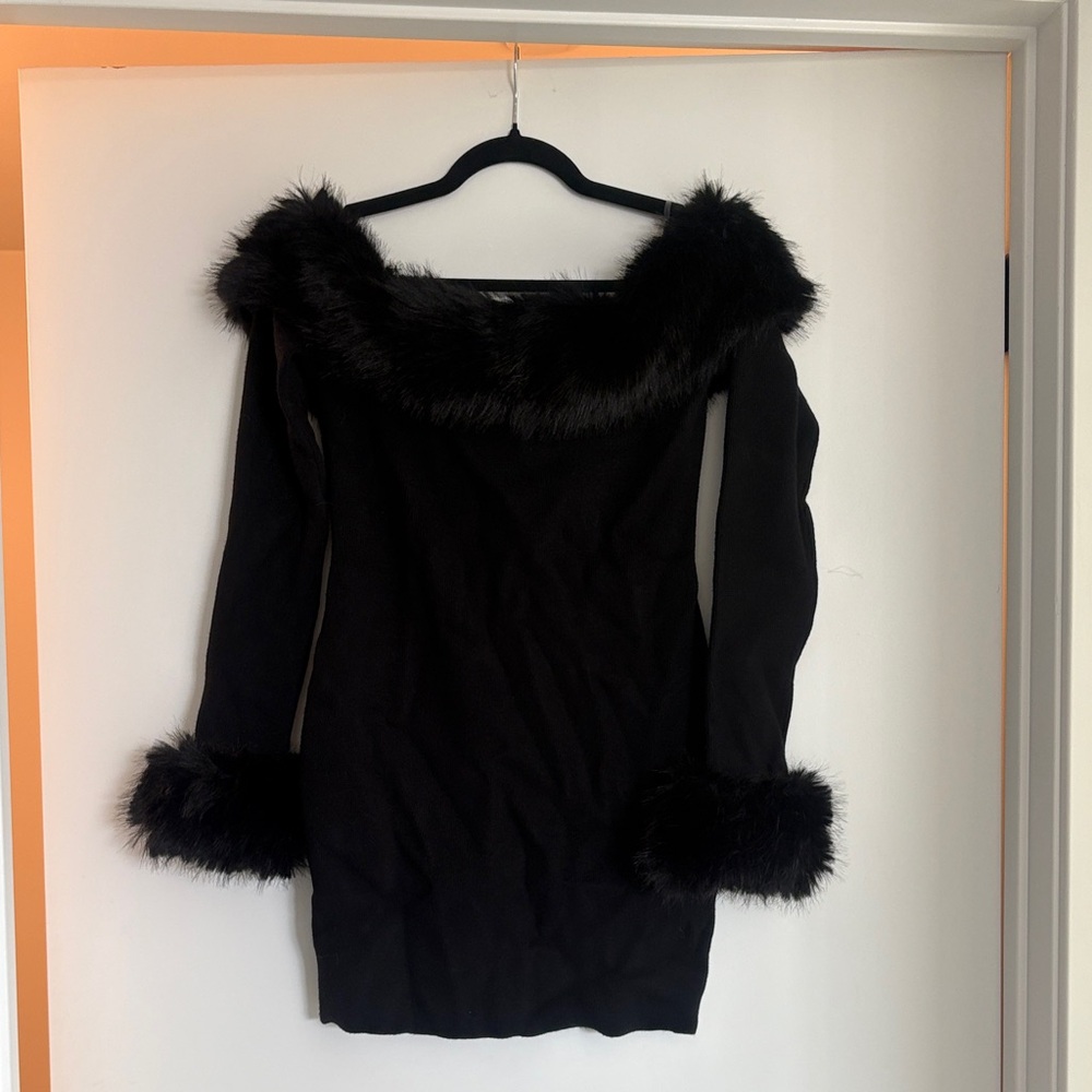 Black Dress with Faux Fur Trim
